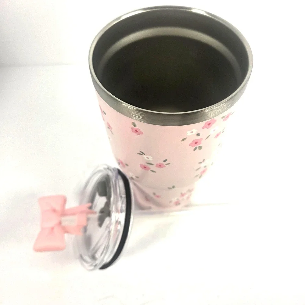 Umii Tumbler 30 oz Pink Floral Stainless Steel Bow Straw Handle Cup New